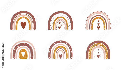 Rainbows in boho style with hearts. Bohemian illustrations for holidays. Scandinavian design for wallpaper and home decor. Modern vector illustration in different color. Saint Valentines day.