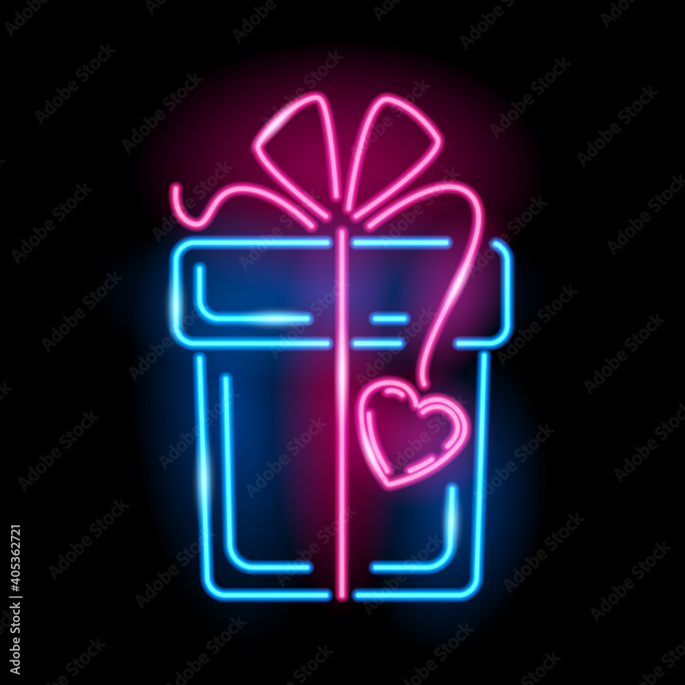 Neon icon of gift box with heartshape lable isolated on black background. St. Valentine Day, holiday, surprisw concept. Vector 10 EPS illustration. Neon icon of gift box with heartshape lable isolated on black background. St. Valentine Day, holiday, surprisw concept. Vector 10 EPS illustration.