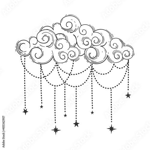 Beautiful cloud in bohemian style, linear hand drawn illustration. Vector boho illustration, cloud with jewelry and stars isolated on white background. Vintage mystical design, tattoo