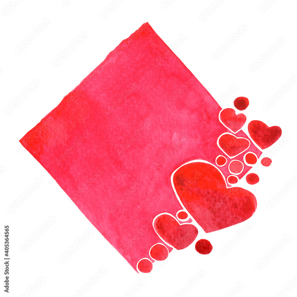 Red heart with square copy space watercolor hand painting for decoration on Valentine's day and wedding events.