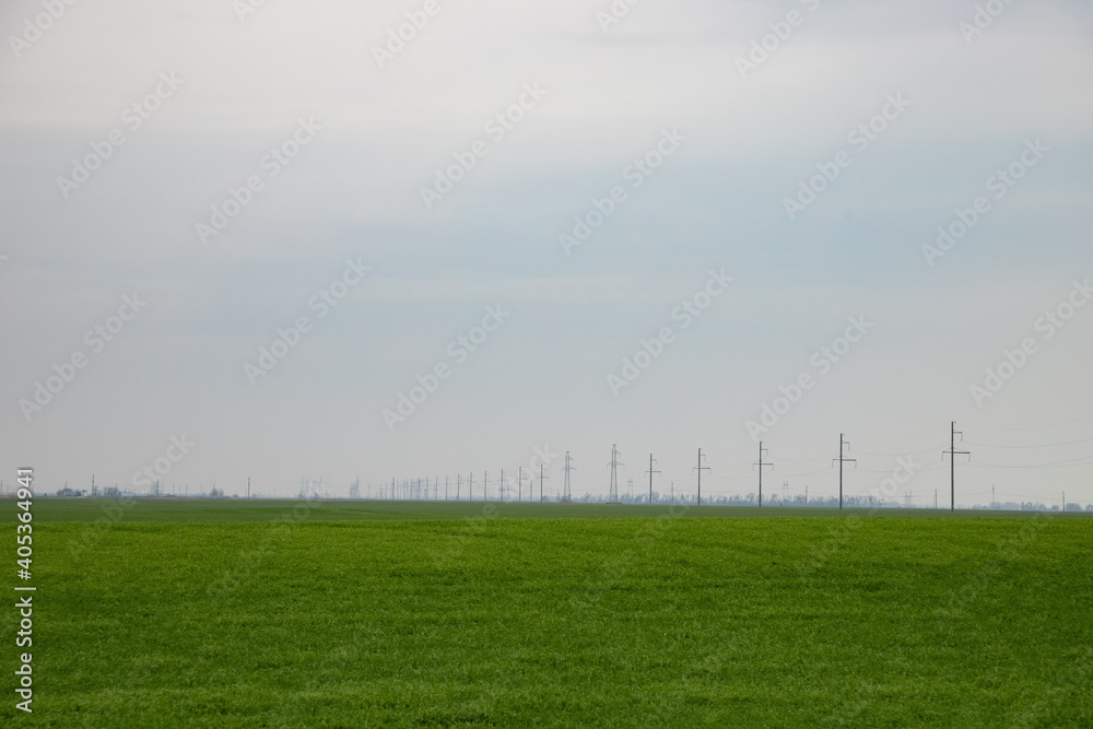 Green field, power lines and cloudy sky Green field, power lines and cloudy sky