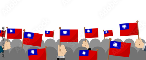 People holding the national flag in hand , vector banner illustration / Taiwan.