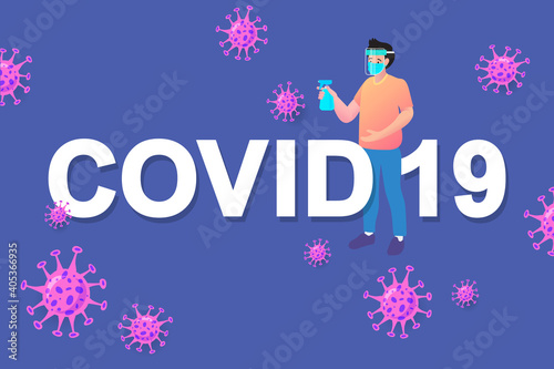 People wearing Face Mask Fight Against Covid-19. Hygiene promotion with wearing a face mask, sanitizing with alcohol in flat style.