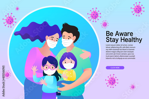 Cartoon family wearing medical face mask stay at home vector illustration. Covid-19 coronavirus quarantine campaign. Vector flat design.