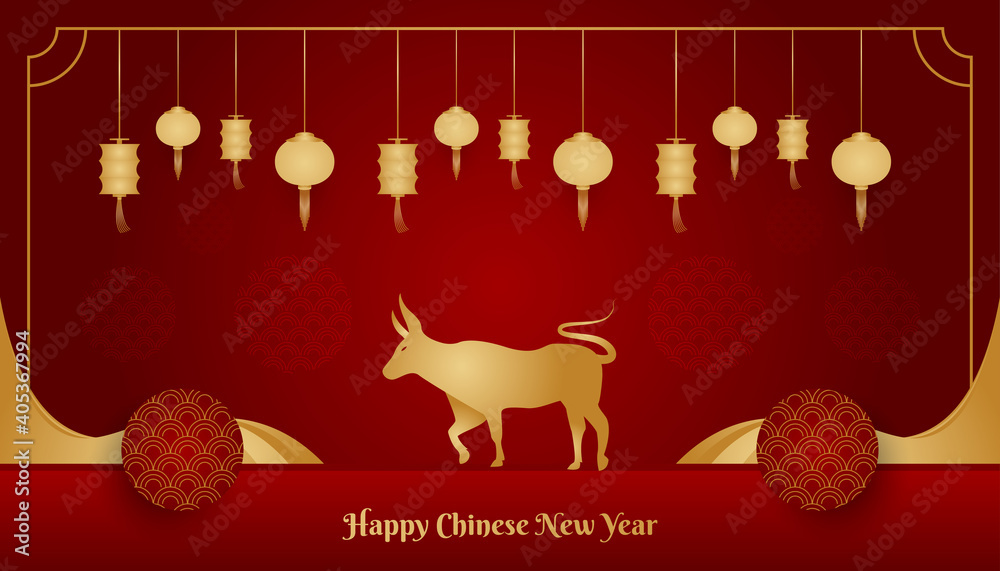 Happy Chinese New Year banner with golden ox and lantern on red background. Chinese zodiac symbol. Lunar new year 2021 year of the ox