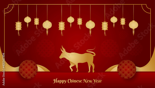 Happy Chinese New Year banner with golden ox and lantern on red background. Chinese zodiac symbol. Lunar new year 2021 year of the ox © WzKz