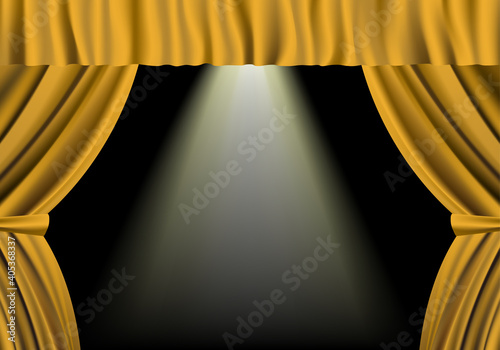 Illustration of gold curtains and spotlights. Vector illustration.