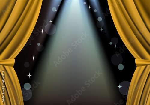 Illustration of gold curtains and spotlights. Vector illustration.