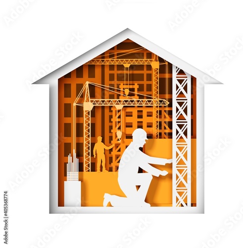 Paper cut craft style house with construction workers, tower cranes, city buildings silhouettes, vector illustration. Construction site, building industry.