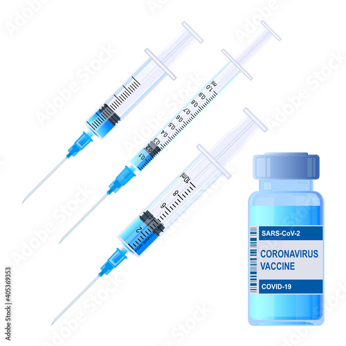 CORONAVIRUS VACCINE, syringes with vaccine. Realistic image. Vector illustration on a white background.