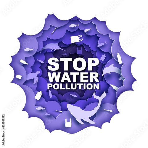 Stop water pollution, vector poster design template. Paper cut craft style underwater world, marine animals, plastic trash silhouettes. Ocean plastic pollution environmental problem, ecology.