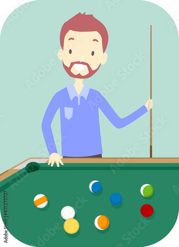 Man Play Billiards Sticks Balls Illustration