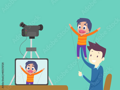 Man Puppeteering Video Recording Illustration