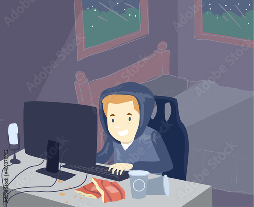 Man Stay Late Night Game Bedroom Illustration