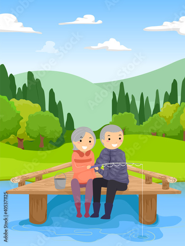 Senior Couple Fishing Lake Dock Illustration