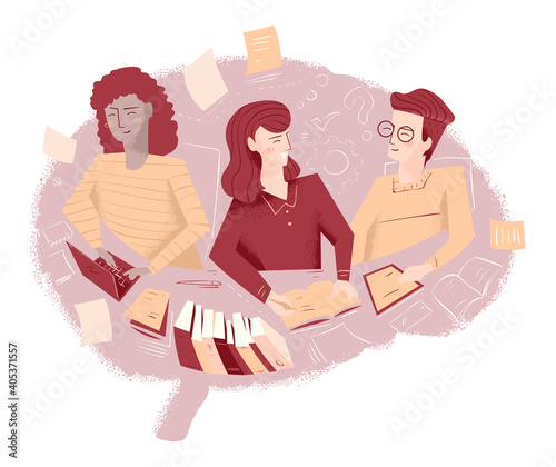 People Review Study Brain Illustration