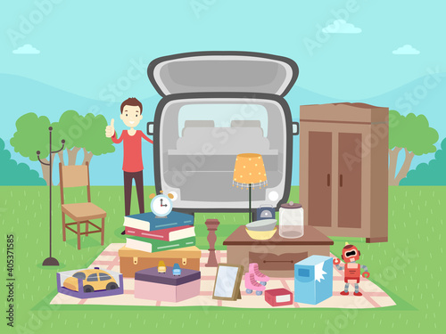 Man Car Boot Sale Okay Display Illustration
