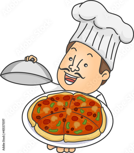 Man Chef Show Pizza Serving Plate Illustration