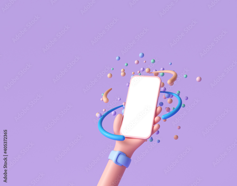 3D Abstract Cartoon hand holding phone with random floating spheres,  minimal smartphone mockup. 3d render illustration Stock-Illustration |  Adobe Stock