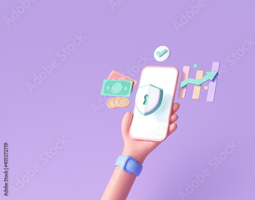 3D Handhold phone financial security, online payment protection, online transaction, online banking and online shopping. 3d render illustration