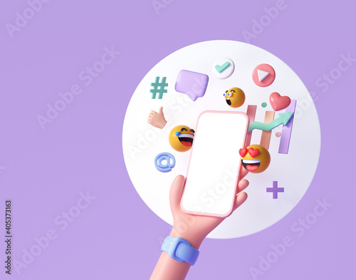 3D Online Social media communication platform concept. Hand holding phone with emoji, comment, love, like and play icons. 3d render illustration