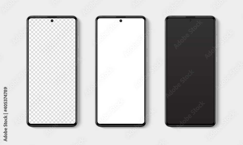 Realistic smartphone mockup set. Mobile phone blank, white, transparent screen design mock up. Isolated vector illustration Realistic smartphone mockup set. Mobile phone blank, white, transparent screen design mock up. Isolated vector illustration
