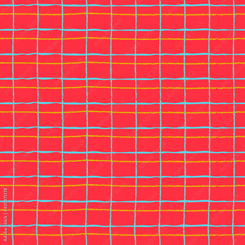 Seamless checkered repeating pattern with hand drawn checks. Red plaid background for wrapping paper, surface design and other design projects