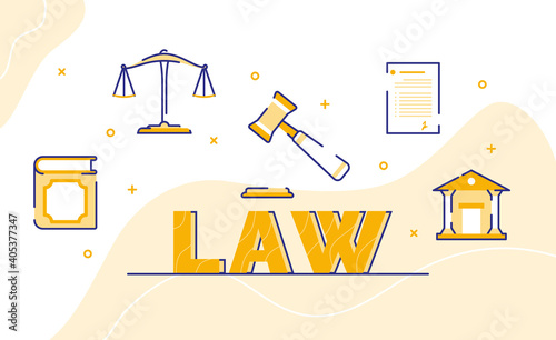 law typography word art background of icon book scale gavel court with outline style