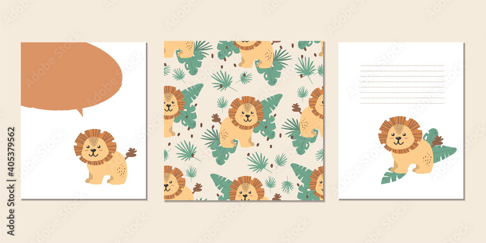 Set of vector children's cards with lions. Text templates for children's party, baby shower, postcards, invitations, diplomas.