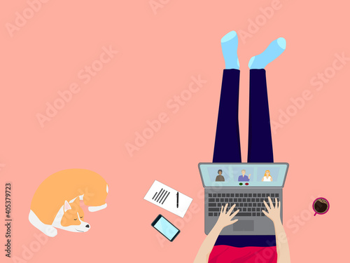 Work at home, quarantine, stay at home concept. Top view of freelancer working online, meeting conference at home with laptop computer. Vector illustration design