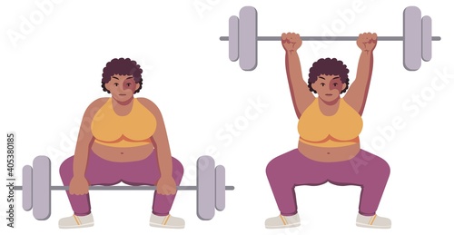 Fat strong black plus size woman with natural hair in cute sportswear raises barbell. Workout. Exercises. Concentrated. Deadlift sumo style. Weightlifting. Snatch, clean and jerk. Isolated clipart set