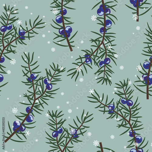Seamless floral pattern with juniper branches and snowflakes.