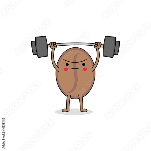 Cute strong coffee bean cartoon character weight lifting