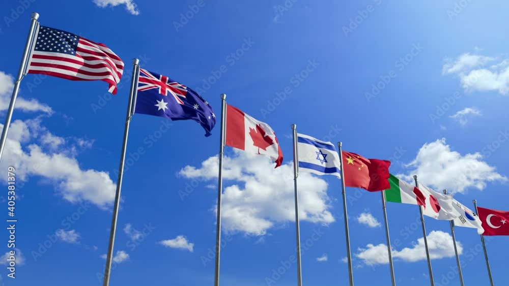 A row of national flags fluttering in the wind and under the blue sky