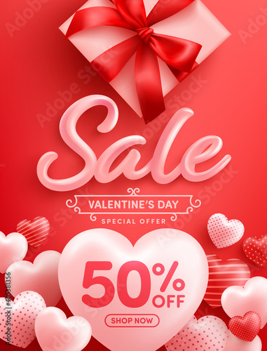 Valentine's Day Sale 50% off Poster or banner with many sweet hearts and gift box on red background.Promotion and shopping template or background for Love and Valentine's day concept.