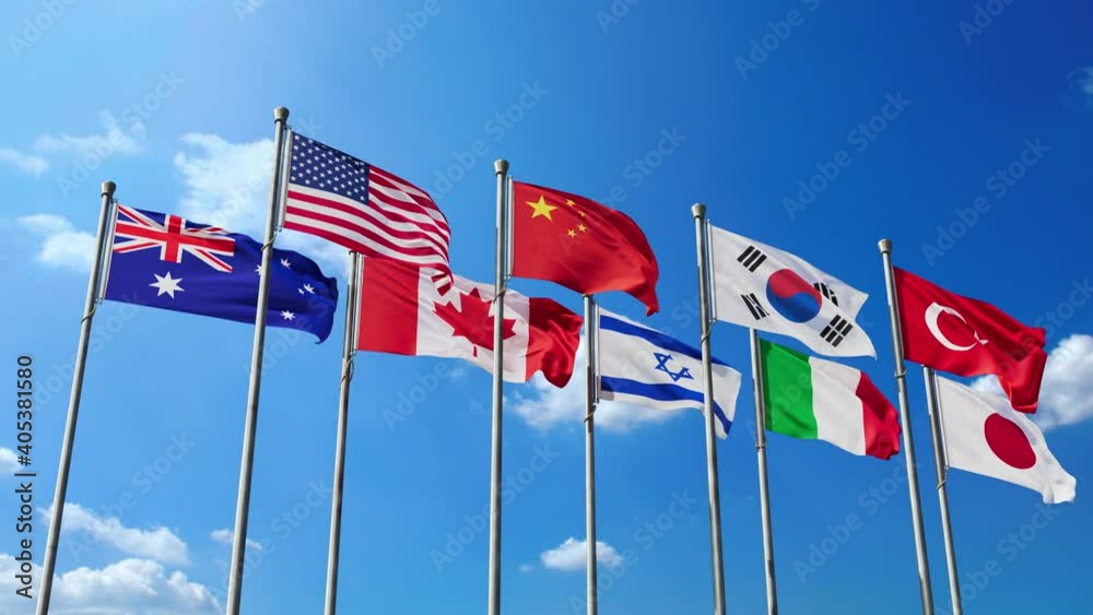 Multinational flags fluttering in the wind, two rows of national flags under the blue sky