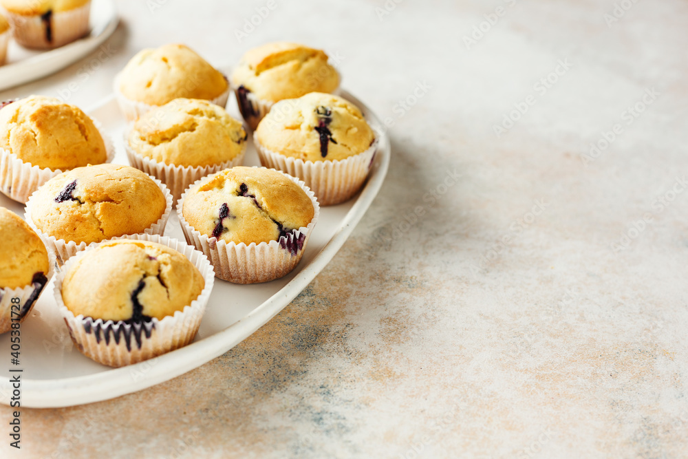 Homemade muffins with blueberries. Food background with copy space. Selective focus.