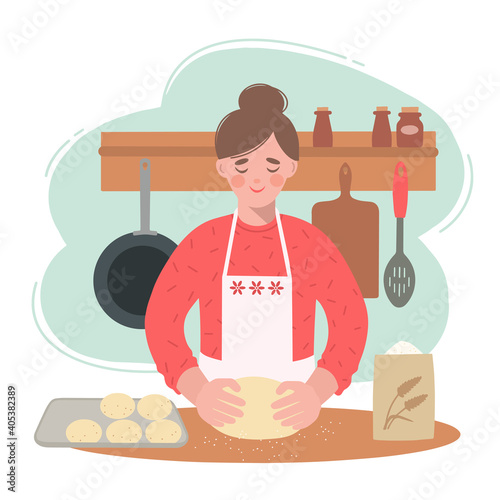 Young woman in the kitchen prepares fluffy buns. She has the dough in her hands. Illustration of a young woman cooking at home.