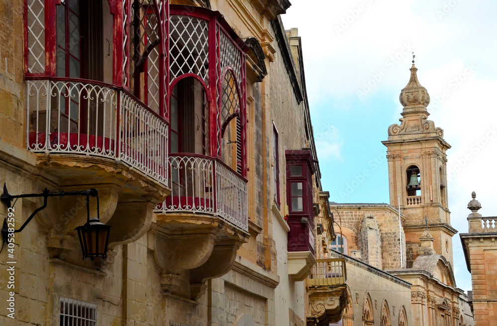 Traditional wooden colorful balconies in center of La Valletta. Malta
