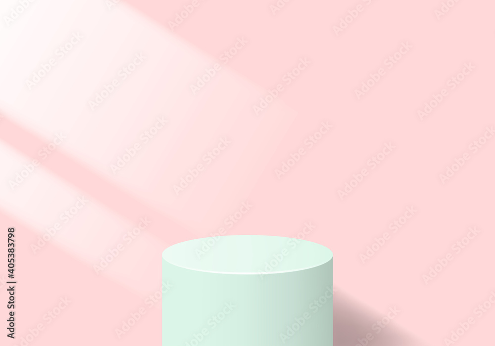 Abstract minimal design with 3d rendered mint podium and window light on a pink background. Realistic vector illustration for product design. Abstract minimal design with 3d rendered mint podium and window light on a pink background. Realistic vector illustration for product design.