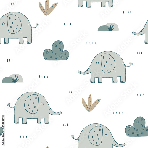 Cute nursery elephant seamless pattern with floral elements and with crayon texture. Hand drawn Scandinavian style vector illustration.