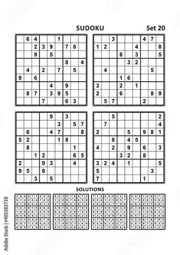 Four sudoku puzzles of comfortable (easy, yet not very easy) level, on A4 or Letter sized page with margins, suitable for large print books, answers included. Set 20.
