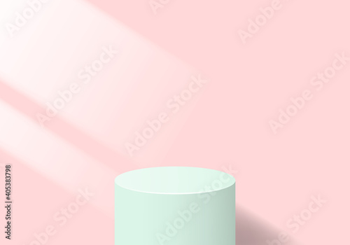 Abstract minimal design with 3d rendered mint podium and window light on a pink background.  Realistic vector illustration for product design.