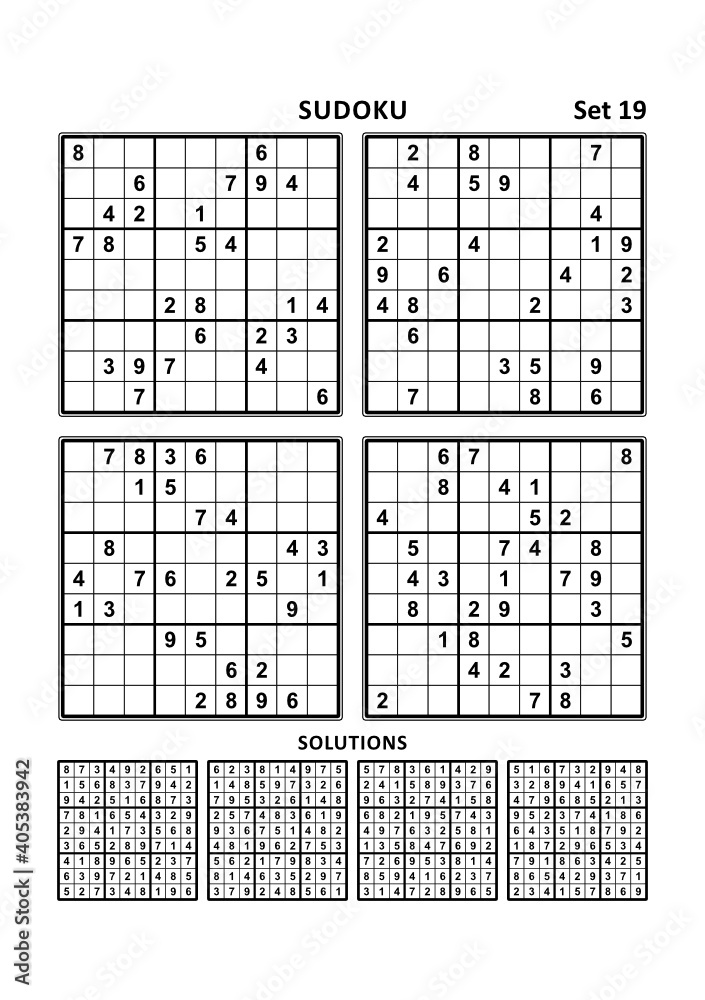 Four sudoku puzzles of comfortable (easy, yet not very easy) level, on A4 or Letter sized page with margins, suitable for large print books, answers included. Set 19.
Four sudoku puzzles of comfortable (easy, yet not very easy) level, on A4 or Letter sized page with margins, suitable for large print books, answers included. Set 19.
