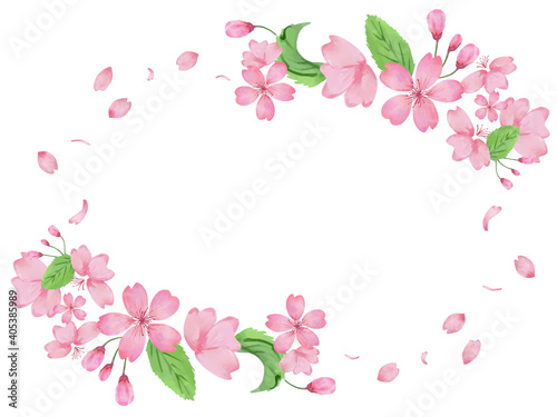 桜の花びら舞う手描き水彩フレーム枠