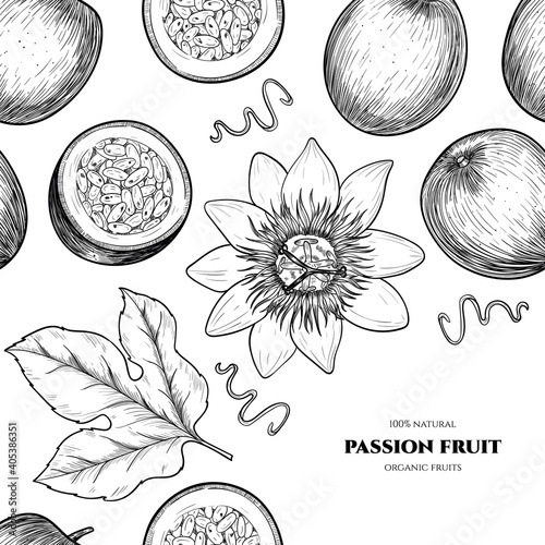 Vector frame with passion fruit. Hand drawn. Vintage style