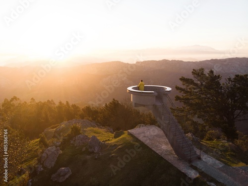 Sunrise panorama of Mirador El Fitu Del Fito viewpoint stairs Caravia Baja Picos de Europa mountains Asturias Spain