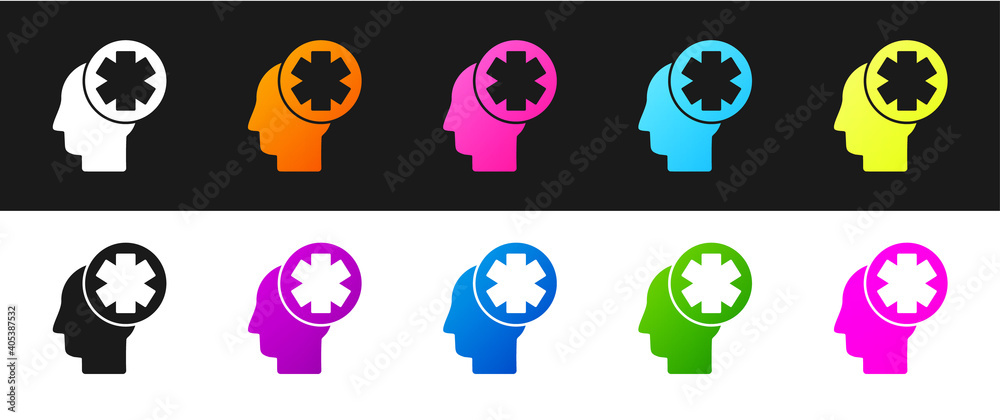 Set Male head with hospital icon isolated on black and white background. Head with mental health, healthcare and medical sign. Vector Illustration. Set Male head with hospital icon isolated on black and white background. Head with mental health, healthcare and medical sign. Vector Illustration.