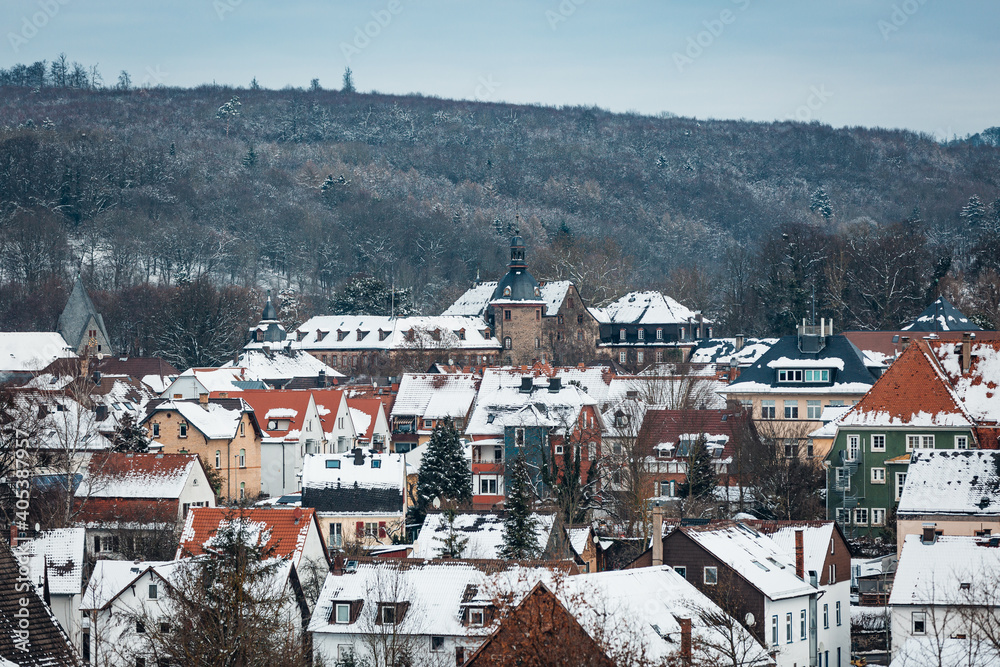 Fototapeta premium Winterliches Laubach mit Schloss 