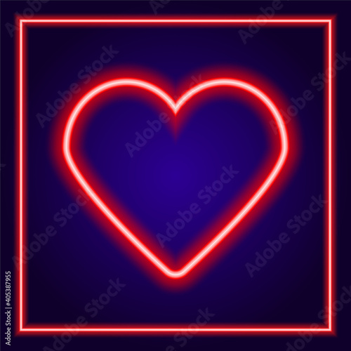Bright red neon heart with square neon frame around . Heart sign on a dark blue background. The effect of neon glow. Vector